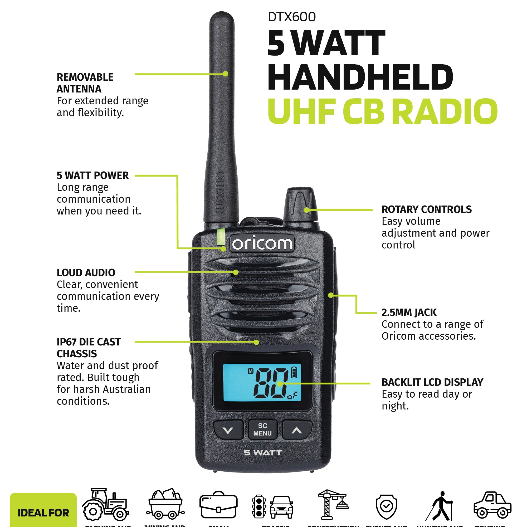 DTX600 Waterproof IP67 5 Watt Handheld UHF CB Radio (Black)